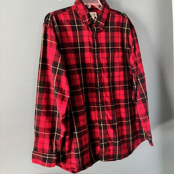 LL Bean Flannel Shirt Red Black Yellow Tartan Plaid L Cabin Core Outdoor Rugged - Picture 2 of 6